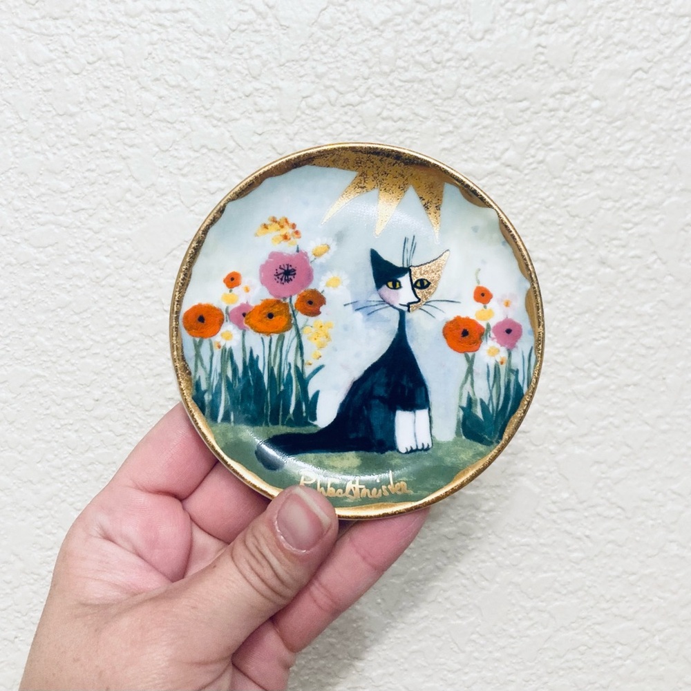 VTG Goebel Rosina Wachtmeister Mini-Plate  Hand Painted cat flowers gold rim